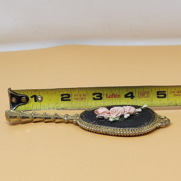 Vintage Handheld Vanity Mirror With Embroidered Pink Roses & Gold Beaded Trim - Picture 8 of 9